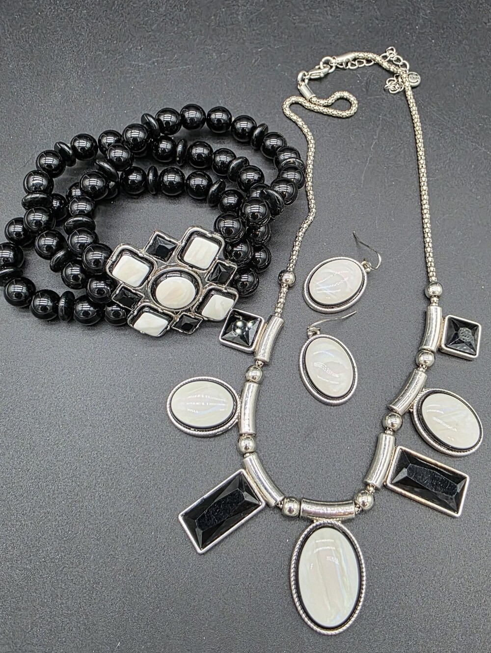 C1946 Elegant Black and White Statement Necklace,  Earrings & Bracelet Set